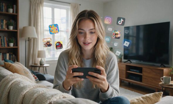 Young woman sits on a sofa at home, holding a smartphone with colorful app icons seemingly floating around in front of her face.