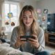 Young woman sits on a sofa at home, holding a smartphone with colorful app icons seemingly floating around in front of her face.